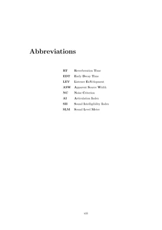 Abbreviations
RT Reverberation Time
EDT Early Decay Time
LEV Listener EnVelopment
ASW Apparent Source Width
NC Noise Criterion
AI Articulation Index
SII Sound Intelligibility Index
SLM Sound Level Meter
xiii
 