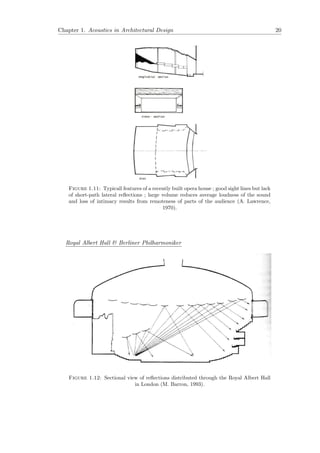 Chapter 1. Acoustics in Architectural Design 20
Figure 1.11: Typicall features of a recently built opera house ; good sight lines but lack
of short-path lateral reﬂections ; large volume reduces average loudness of the sound
and loss of intimacy results from remoteness of parts of the audience (A. Lawrence,
1970).
Royal Albert Hall & Berliner Philharmoniker
Figure 1.12: Sectional view of reﬂections distributed through the Royal Albert Hall
in London (M. Barron, 1993).
 