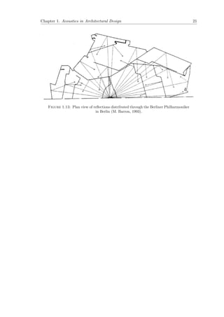 Chapter 1. Acoustics in Architectural Design 21
Figure 1.13: Plan view of reﬂections distributed through the Berliner Philharmoniker
in Berlin (M. Barron, 1993).
 