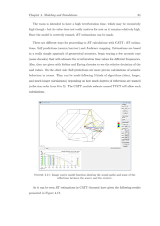 Chapter 4. Modeling and Simulations 61
The room is intended to have a high reverberation time, which may be excessively
high though - but its value does not really matters for now as it remains relatively high.
Once the model is correctly runned, RT estimations can be made.
There are diﬀerent ways for proceeding to RT calculations with CATT : RT estima-
tions, SxR predictions (source/receiver) and Audience mapping. Estimations are based
in a really simple approach of geometrical acoustics, beam tracing a few acoustic rays
(some decades) that will estimate the reverberation time values for diﬀerent frequencies.
Also, they are given with Sabine and Eyring theories to see the relative deviation of the
said values. On the other side SxR predictions are more precise calculations of acoustic
behaviour in rooms. They can be made following 3 kinds of algorithms (short, longer,
and much longer calculations) depending on how much degrees of reﬂections are wanted
(reﬂection order from 0 to 3). The CATT module sofwate named TUCT will allow such
calculations.
Figure 4.11: Image source model function showing the sound paths and some of the
reﬂections between the source and the receiver.
As it can be seen RT estimations in CATT-Acoustic have given the following results
presented in Figure 4.12.
 