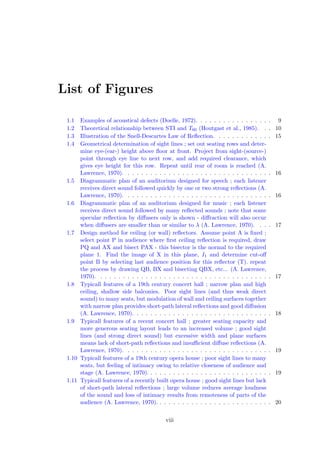 List of Figures
1.1 Examples of acoustical defects (Doelle, 1972). . . . . . . . . . . . . . . . . 9
1.2 Theoretical relationship between STI and T60 (Houtgast et al., 1985). . . 10
1.3 Illustration of the Snell-Descartes Law of Reﬂection. . . . . . . . . . . . . 15
1.4 Geometrical determination of sight lines ; set out seating rows and deter-
mine eye-(ear-) height above ﬂoor at front. Project from sight-(source-)
point through eye line to next row, and add required clearance, which
gives eye height for this row. Repeat until rear of room is reached (A.
Lawrence, 1970). . . . . . . . . . . . . . . . . . . . . . . . . . . . . . . . . 16
1.5 Diagrammatic plan of an auditorium designed for speech ; each listener
receives direct sound followed quickly by one or two strong reﬂections (A.
Lawrence, 1970). . . . . . . . . . . . . . . . . . . . . . . . . . . . . . . . . 16
1.6 Diagrammatic plan of an auditorium designed for music ; each listener
receives direct sound followed by many reﬂected sounds ; note that some
specular reﬂection by diﬀusers only is shown - diﬀraction will also occur
when diﬀusers are smaller than or similar to λ (A. Lawrence, 1970). . . . 17
1.7 Design method for ceiling (or wall) reﬂectors. Assume point A is ﬁxed ;
select point P in audience where ﬁrst ceiling reﬂection is required, draw
PQ and AX and bisect PAX - this bisector is the normal to the required
plane 1. Find the image of X in this plane, I1 and determine cut-oﬀ
point B by selecting last audience position for this reﬂector (T). repeat
the process by drawing QB, BX and bisecting QBX, etc... (A. Lawrence,
1970). . . . . . . . . . . . . . . . . . . . . . . . . . . . . . . . . . . . . . . 17
1.8 Typicall features of a 19th century concert hall ; narrow plan and high
ceiling, shallow side balconies. Poor sight lines (and thus weak direct
sound) to many seats, but modulation of wall and ceiling surfaces together
with narrow plan provides short-path lateral reﬂections and good diﬀusion
(A. Lawrence, 1970). . . . . . . . . . . . . . . . . . . . . . . . . . . . . . . 18
1.9 Typicall features of a recent concert hall ; greater seating capacity and
more generous seating layout leads to an increased volume ; good sight
lines (and strong direct sound) but excessive width and plane surfaces
means lack of short-path reﬂections and insuﬃcient diﬀuse reﬂections (A.
Lawrence, 1970). . . . . . . . . . . . . . . . . . . . . . . . . . . . . . . . . 19
1.10 Typicall features of a 19th century opera house ; poor sight lines to many
seats, but feeling of intimacy owing to relative closeness of audience and
stage (A. Lawrence, 1970). . . . . . . . . . . . . . . . . . . . . . . . . . . . 19
1.11 Typicall features of a recently built opera house ; good sight lines but lack
of short-path lateral reﬂections ; large volume reduces average loudness
of the sound and loss of intimacy results from remoteness of parts of the
audience (A. Lawrence, 1970). . . . . . . . . . . . . . . . . . . . . . . . . . 20
viii
 