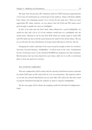 Chapter 4. Modeling and Simulations 77
We know that the previous RT estimation made by CATT had given approximately
1.5 to 2 secs of reverberation at a central spot in the audience. Figure 4.22 shows slightly
lower values, but remaining around 1.4 to 1.6 secs for the main area. These are more
appreciable RT values, however, we can observe that the D-50 and STI values aren’t
good enough to qualify the room as ‘intelligible’.
In fact, if we map only the lower limit values allowed for a good intelligibility, we
would see that only 1/6 or 1/4 of the audience would hear in a intelligibile way the
sound source. Because it can be seen that D-50 values are mostly equal or under 50%
and STI values are just at 0.6 for some listeners but under 0.5 for all the others. We can
see as well that the time distribution of strong sound reﬂections is still over 125 ms.
Changing the surface materials of the room was good enough to lower its reverbera-
tion time, but good hearing - intelligibility - is still an issue in the room. Auralizations
for the ‘reverberant room’ on the attached CD-ROM can emphasis over this conclusion.
Reverberation time has been lowered by more than a half, but it is still a reverberant
place to hear the speech of a lecturer.
Low reverberant conﬁguration
This last conﬁguration will be made with the unevenly distributed acoustic materials
for which CATT gave an RT value of 0.8 to 1 sec of reverberation. The objective will be
to see how the material distribution can not only aﬀect RT values but also that sound
is properly distributed through the audience in order to improve intelligibility.
On the next pages will be shown the mapping results for this kind of conﬁguration -
third.
 
