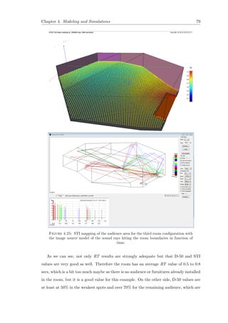 Chapter 4. Modeling and Simulations 79
Figure 4.25: STI mapping of the audience area for the third room conﬁguration with
the image source model of the sound rays hiting the room boundaries in function of
time.
As we can see, not only RT results are strongly adequate but that D-50 and STI
values are very good as well. Therefore the room has an average RT value of 0.5 to 0.8
secs, which is a bit too much maybe as there is no audience or furnitures already installed
in the room, but it is a good value for this example. On the other side, D-50 values are
at least at 50% in the weakest spots and over 70% for the remaining audience, which are
 