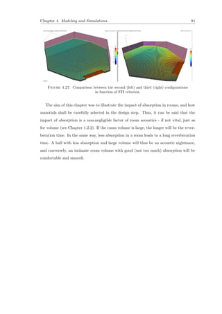 Chapter 4. Modeling and Simulations 81
Figure 4.27: Comparison between the second (left) and third (right) conﬁgurations
in function of STI criterion.
The aim of this chapter was to illustrate the impact of absorption in rooms, and how
materials shall be carefully selected in the design step. Thus, it can be said that the
impact of absorption is a non-negligible factor of room acoustics - if not vital, just as
for volume (see Chapter 1.2.2). If the room volume is large, the longer will be the rever-
beration time. In the same way, less absorption in a room leads to a long reverberation
time. A hall with less absorption and large volume will thus be an acoustic nightmare,
and conversely, an intimate room volume with good (not too much) absorption will be
comfortable and smooth.
 