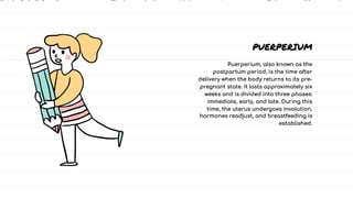 PUERPERIUM
PUERPERIUM
PUERPERIUM
Puerperium, also known as the
postpartum period, is the time after
delivery when the body returns to its pre-
pregnant state. It lasts approximately six
weeks and is divided into three phases:
immediate, early, and late. During this
time, the uterus undergoes involution,
hormones readjust, and breastfeeding is
established.
Puerperium, also known as the
postpartum period, is the time after
delivery when the body returns to its pre-
pregnant state. It lasts approximately six
weeks and is divided into three phases:
immediate, early, and late. During this
time, the uterus undergoes involution,
hormones readjust, and breastfeeding is
established.
Puerperium, also known as the
postpartum period, is the time after
delivery when the body returns to its pre-
pregnant state. It lasts approximately six
weeks and is divided into three phases:
immediate, early, and late. During this
time, the uterus undergoes involution,
hormones readjust, and breastfeeding is
established.
 