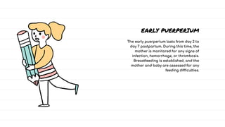 EARLY PUERPERIUM
EARLY PUERPERIUM
EARLY PUERPERIUM
The early puerperium lasts from day 2 to
day 7 postpartum. During this time, the
mother is monitored for any signs of
infection, hemorrhage, or thrombosis.
Breastfeeding is established, and the
mother and baby are assessed for any
feeding difficulties.
The early puerperium lasts from day 2 to
day 7 postpartum. During this time, the
mother is monitored for any signs of
infection, hemorrhage, or thrombosis.
Breastfeeding is established, and the
mother and baby are assessed for any
feeding difficulties.
The early puerperium lasts from day 2 to
day 7 postpartum. During this time, the
mother is monitored for any signs of
infection, hemorrhage, or thrombosis.
Breastfeeding is established, and the
mother and baby are assessed for any
feeding difficulties.
 