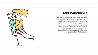 LATE PUERPERIUM
LATE PUERPERIUM
LATE PUERPERIUM
The late puerperium lasts from day 8 to
week 6 postpartum. During this time, the
mother's body continues to heal and
return to its pre-pregnant state. The focus
is on promoting maternal and infant
bonding, providing support for
breastfeeding, and assessing for any
postpartum depression.
The late puerperium lasts from day 8 to
week 6 postpartum. During this time, the
mother's body continues to heal and
return to its pre-pregnant state. The focus
is on promoting maternal and infant
bonding, providing support for
breastfeeding, and assessing for any
postpartum depression.
The late puerperium lasts from day 8 to
week 6 postpartum. During this time, the
mother's body continues to heal and
return to its pre-pregnant state. The focus
is on promoting maternal and infant
bonding, providing support for
breastfeeding, and assessing for any
postpartum depression.
 