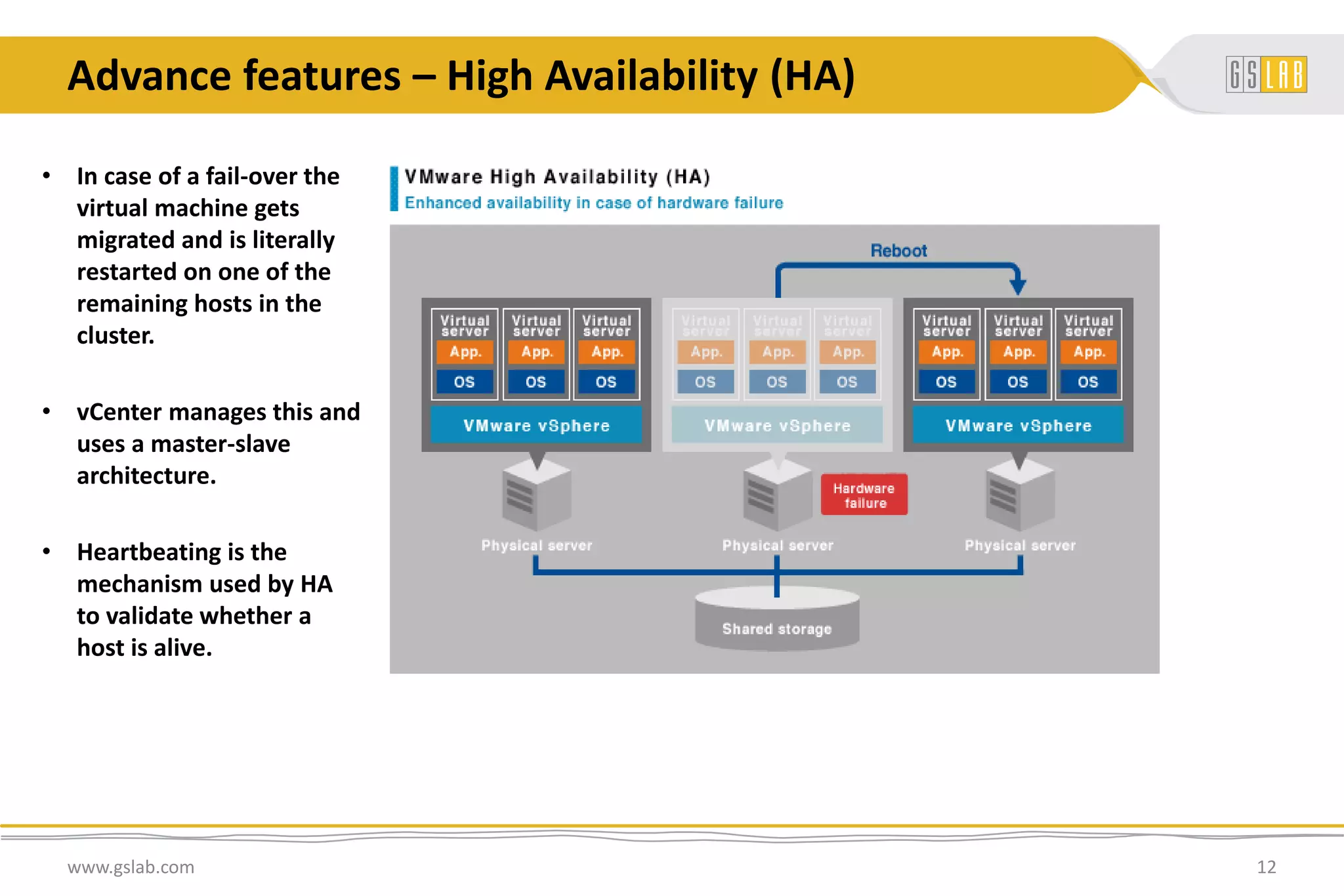 Advance features – High Availability (HA)
www.gslab.com 12
• In case of a fail-over the
virtual machine gets
migrated and is literally
restarted on one of the
remaining hosts in the
cluster.
• vCenter manages this and
uses a master-slave
architecture.
• Heartbeating is the
mechanism used by HA
to validate whether a
host is alive.
 