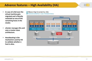 Advance features – High Availability (HA)
www.gslab.com 12
• In case of a fail-over the
virtual machine gets
migrated and is literally
restarted on one of the
remaining hosts in the
cluster.
• vCenter manages this and
uses a master-slave
architecture.
• Heartbeating is the
mechanism used by HA
to validate whether a
host is alive.
 