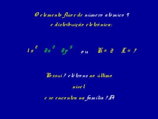 O e le me nto flúo r de núme ro atô mico 9
              e distribuição e le trô nica:


     2        2         5
1s       2s        2p           ou   K= 2     L= 7


          Po ssui 7 e lé tro ns no último
                            níve l
         e se e nco ntra na família 7 A
 