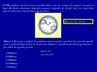 0 3) Um pro fe sso r de cidiu de co rar se u labo rató rio co m um “ re ló g io de q uímica” no q ual, no
lug ar das ho ras e stive sse m e le me nto s q uímico s, dispo sto s de aco rdo co m se us re spe ctivo s
núme ro s atô mico s, co mo mo stra a fig ura abaixo .


                                                     Mg
                                              Na          H
                                             Ne            He           Pág 9 9 / Ex. 0 9 / b
                                            F               Li
                                             O                Be
                                                 N        B
                                                     C




 Indiq ue a ho ra q ue o re ló g io do pro fe sso r marca q uando o po nte iro do s minuto s apo nta
 para o me tal alcalino -te rro so de me no r raio atô mico e o po nte iro das ho ras apo nta para o
 g ás no bre do se g undo pe río do .
                                            ho ras: 1 0
   a) 8 h25min.
                                            minuto s: 20
   b) 5h0 9 min.
   c) 2h55min.
   d) 1 0 h20 min
   e ) 6 h30 min.
 