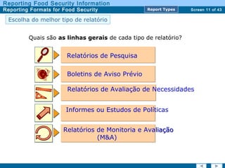 Screen 11 of 43
Reporting Food Security Information
Reporting Formats for Food Security Report TypesReport Types
Escolha do melhor tipo de relatório
Quais são as linhas gerais de cada tipo de relatório?
Informes ou Estudos de Políticas
Relatórios de Monitoria e Avaliação
(M&A)
Relatórios de Monitoria e Avaliação
(M&A)
Relatórios de Pesquisa
Boletins de Aviso Prévio
Relatórios de Avaliação de Necessidades
 