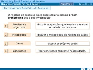 Screen 14 of 43
Reporting Food Security Information
Reporting Formats for Food Security Report TypesReport Types
Formatos para Relatórios de Pesquisa
tirar conclusões com base nesses dados.tirar conclusões com base nesses dados.
Problema e
objectivos
Metodologia
Dados
Conclusões
O relatório de pesquisa típico pode seguir a mesma ordem
cronológica que a sua investigação.
discutir as questões que levaram a realizar
o trabalho de pesquisa
discutir as questões que levaram a realizar
o trabalho de pesquisa
discutir a metodologia de recolha de dadosdiscutir a metodologia de recolha de dados
discutir os próprios dadosdiscutir os próprios dados
11
22
33
44
 