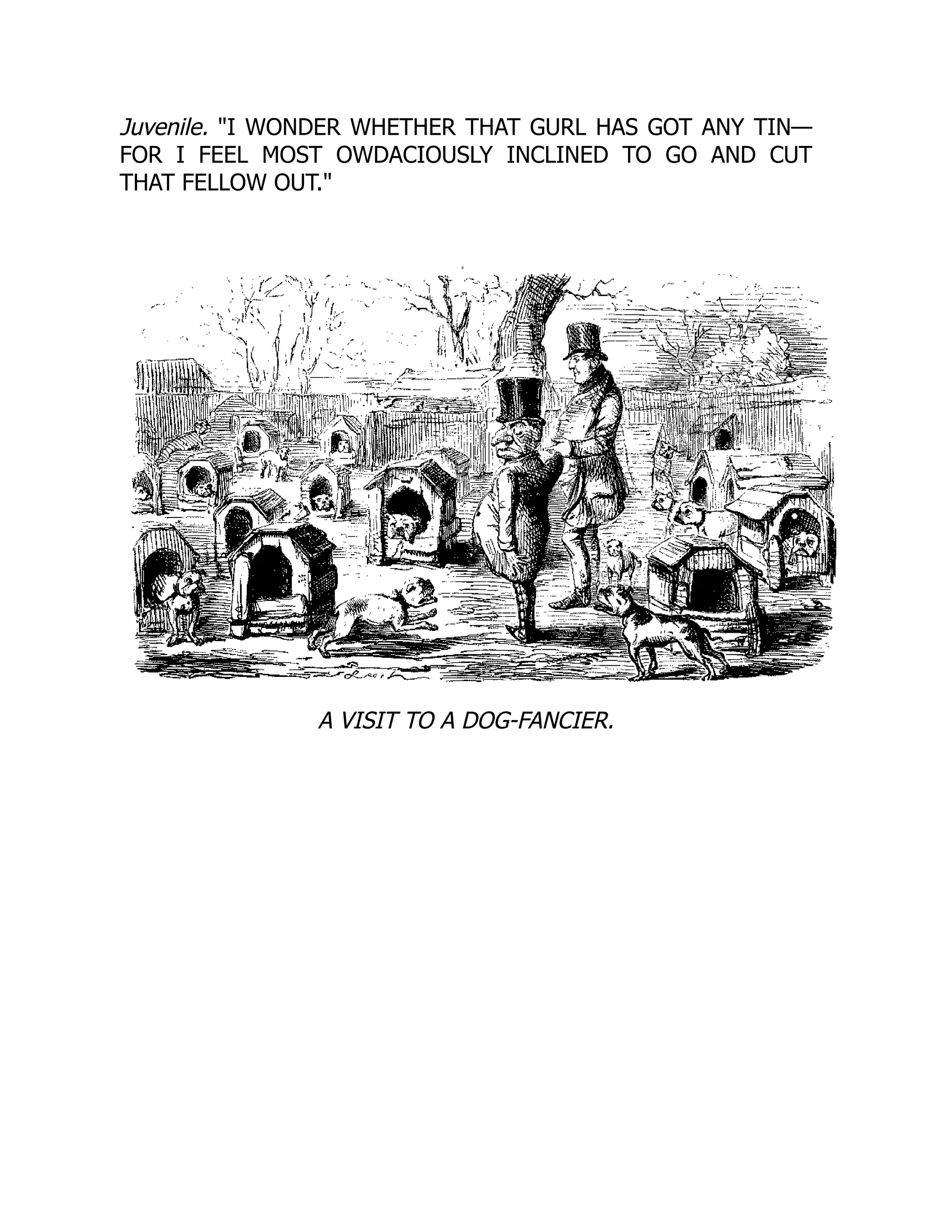 Juvenile. I WONDER WHETHER THAT GURL HAS GOT ANY TIN—
FOR I FEEL MOST OWDACIOUSLY INCLINED TO GO AND CUT
THAT FELLOW OUT.
A VISIT TO A DOG-FANCIER.
 