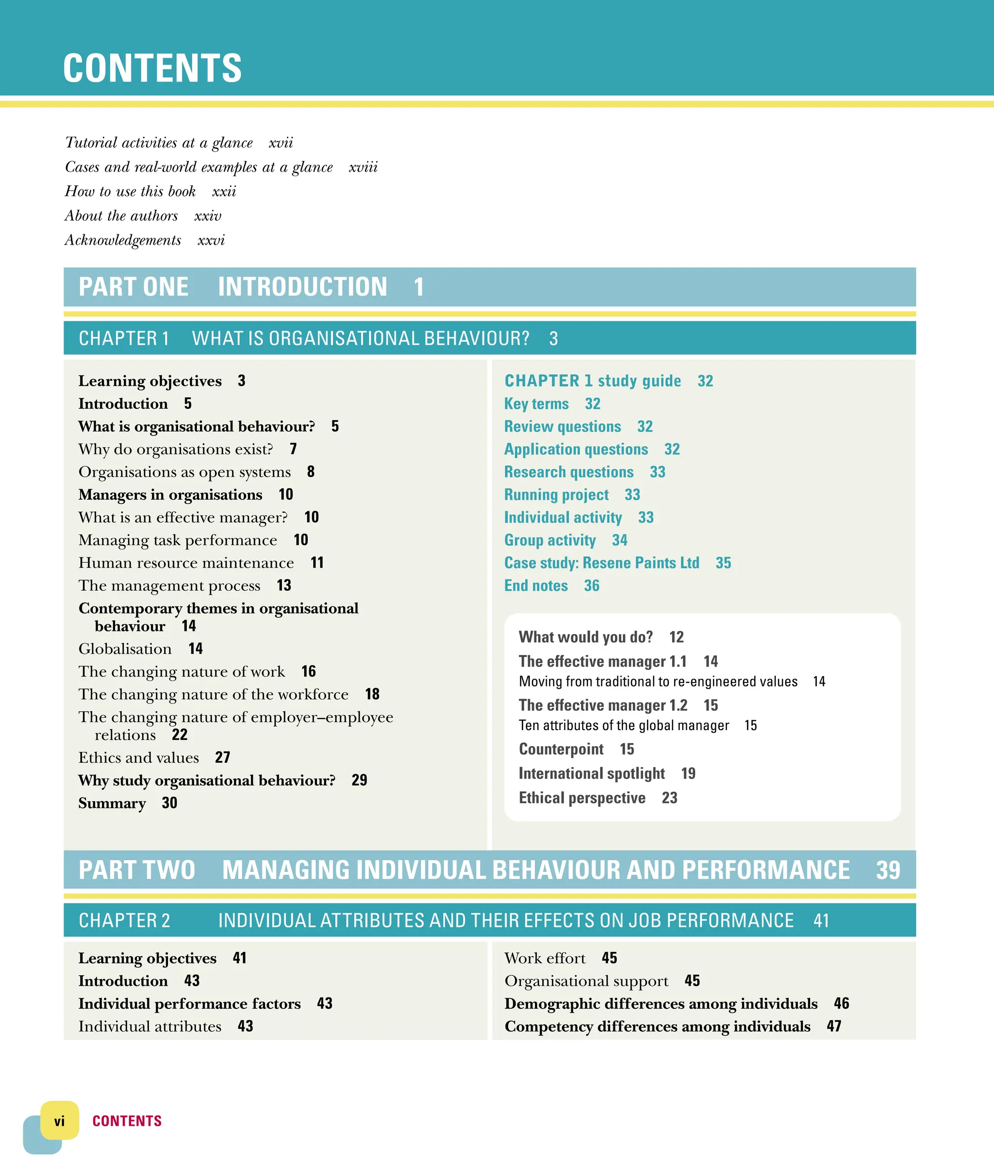 vi CONTENTS
PART ONE INTRODUCTION 1
CHAPTER 1 WHAT IS ORGANISATIONAL BEHAVIOUR? 3
Learning objectives 3
Introduction 5
What is organisational behaviour? 5
Why do organisations exist? 7
Organisations as open systems 8
Managers in organisations 10
What is an effective manager? 10
Managing task performance 10
Human resource maintenance 11
The management process 13
Contemporary themes in organisational
­behaviour 14
Globalisation 14
The changing nature of work 16
The changing nature of the workforce 18
The changing nature of employer–employee
­relations 22
Ethics and values 27
Why study organisational behaviour? 29
Summary 30
Chapter 1 study guide 32
Key terms 32
Review questions 32
Application questions 32
Research questions 33
Running project 33
Individual activity 33
Group activity 34
Case study: Resene Paints Ltd 35
End notes 36
PART TWO MANAGING INDIVIDUAL BEHAVIOUR AND PERFORMANCE 39
CHAPTER 2 INDIVIDUAL ATTRIBUTES AND THEIR EFFECTS ON JOB PERFORMANCE 41
Learning objectives 41
Introduction 43
Individual performance factors 43
Individual attributes 43
Work effort 45
Organisational support 45
Demographic differences among individuals 46
Competency differences among individuals 47
CONTENTS
Tutorial activities at a glance xvii
Cases and real-world examples at a glance xviii
How to use this book xxii
About the authors xxiv
Acknowledgements xxvi
What would you do? 12
The effective manager 1.1 14
Moving from traditional to re-engineered values 14
The effective manager 1.2 15
Ten attributes of the global manager 15
Counterpoint 15
International spotlight 19
Ethical perspective 23
 