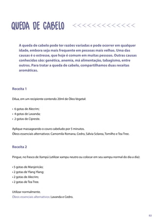 Receita 1
Dilua, em um recipiente contendo 20ml de Óleo Vegetal:
• 6 gotas de Alecrim;
• 4 gotas de Lavanda;
• 2 gotas de Cipreste.
Aplique massageando o couro cabeludo por 5 minutos.
Óleos essenciais alternativos: Camomila Romana, Cedro, Sálvia Sclarea, Tomilho e Tea Tree.
Receita 2
Pingue, no frasco de Xampú (utilizar xampu neutro ou colocar em seu xampu normal do dia a dia):
• 5 gotas de Manjericão;
• 2 gotas de Ylang Ylang;
• 2 gotas de Alecrim;
• 2 gotas de Tea Tree.
Utilizar normalmente.
Óleos essenciais alternativos: Lavanda e Cedro.
A queda de cabelo pode ter razões variadas e pode ocorrer em qualquer
idade, embora seja mais frequente em pessoas mais velhas. Uma das
causas é o estresse, que hoje é comum em muitas pessoas. Outras causas
conhecidas são: genética, anemia, má alimentação, tabagismo, entre
outros. Para tratar a queda de cabelo, compartilhamos duas receitas
aromáticas.
02
QUEDA DE CABELO
 