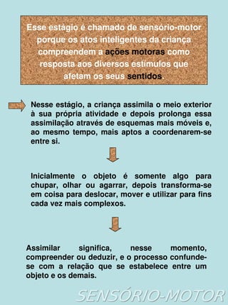    
Esse estágio é chamado de sensório­motor 
porque os atos inteligentes da criança 
compreendem a ações motoras como 
resposta aos diversos estímulos que 
afetam os seus sentidos.
Nesse estágio, a criança assimila o meio exterior 
à  sua  própria  atividade  e  depois  prolonga  essa 
assimilação através de esquemas mais móveis e, 
ao  mesmo  tempo,  mais  aptos a coordenarem­se 
entre si.
Inicialmente  o  objeto  é  somente  algo  para 
chupar,  olhar  ou  agarrar,  depois  transforma­se 
em coisa para deslocar, mover e utilizar para fins 
cada vez mais complexos.
Assimilar  significa,  nesse  momento, 
compreender ou deduzir, e o processo confunde­
se  com  a  relação  que  se  estabelece  entre  um 
objeto e os demais.
 