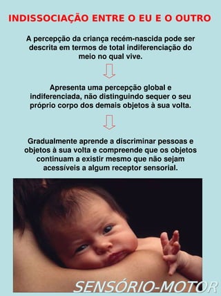    
INDISSOCIAÇÃO ENTRE O EU E O OUTRO
A percepção da criança recém­nascida pode ser 
descrita em termos de total indiferenciação do 
meio no qual vive.
Apresenta uma percepção global e 
indiferenciada, não distinguindo sequer o seu 
próprio corpo dos demais objetos à sua volta.
Gradualmente aprende a discriminar pessoas e 
objetos à sua volta e compreende que os objetos 
continuam a existir mesmo que não sejam 
acessíveis a algum receptor sensorial.
 
