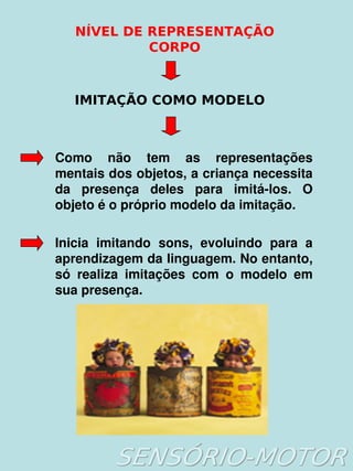    
NÍVEL DE REPRESENTAÇÃO
CORPO
IMITAÇÃO COMO MODELO
Como  não  tem  as  representações 
mentais dos objetos, a criança necessita 
da  presença  deles  para  imitá­los.  O 
objeto é o próprio modelo da imitação.
Inicia  imitando  sons,  evoluindo  para  a 
aprendizagem da linguagem. No entanto, 
só  realiza  imitações  com  o  modelo  em 
sua presença.
 