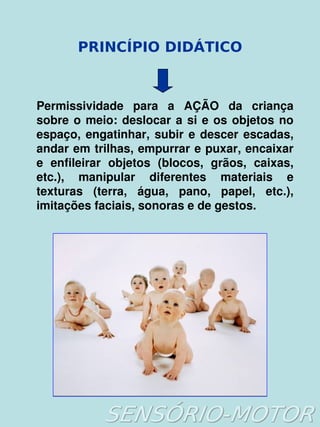    
PRINCÍPIO DIDÁTICO
Permissividade  para  a  AÇÃO  da  criança 
sobre o meio: deslocar a si e os objetos no 
espaço, engatinhar, subir e descer escadas, 
andar em trilhas, empurrar e puxar, encaixar 
e  enfileirar  objetos  (blocos,  grãos,  caixas, 
etc.),  manipular  diferentes  materiais  e 
texturas  (terra,  água,  pano,  papel,  etc.), 
imitações faciais, sonoras e de gestos.
 
