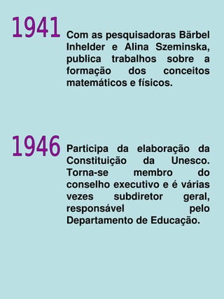    
Com as pesquisadoras Bärbel 
Inhelder  e  Alina  Szeminska, 
publica  trabalhos  sobre  a 
formação  dos  conceitos 
matemáticos e físicos.
Participa  da  elaboração  da 
Constituição  da  Unesco. 
Torna­se  membro  do 
conselho executivo e é várias 
vezes  subdiretor  geral, 
responsável  pelo 
Departamento de Educação.
 