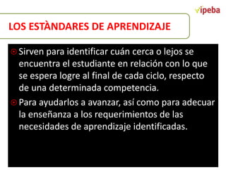 LOS ESTÀNDARES DE APRENDIZAJE
 Sirven para identificar cuán cerca o lejos se
encuentra el estudiante en relación con lo que
se espera logre al final de cada ciclo, respecto
de una determinada competencia.
 Para ayudarlos a avanzar, así como para adecuar
la enseñanza a los requerimientos de las
necesidades de aprendizaje identificadas.
 