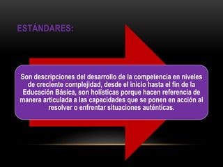 ESTÁNDARES:
Son descripciones del desarrollo de la competencia en niveles
de creciente complejidad, desde el inicio hasta el fin de la
Educación Básica, son holísticas porque hacen referencia de
manera articulada a las capacidades que se ponen en acción al
resolver o enfrentar situaciones auténticas.
 