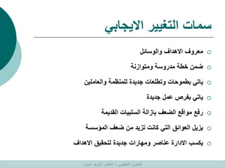 ‫االيجابي‬ ‫التغيير‬ ‫سمات‬

‫والوسائل‬ ‫االهداف‬ ‫معروف‬

‫ومتوازنة‬ ‫مدروسة‬ ‫خطة‬ ‫ضمن‬

‫والعاملين‬ ‫للمنظمة‬ ‫جديدة‬ ‫وتطلعات‬ ‫بطموحات‬ ‫ياتي‬

‫جديدة‬ ‫عمل‬ ‫بفرص‬ ‫ياتي‬

‫القديمة‬ ‫السلبيات‬ ‫بازالة‬ ‫الضعف‬ ‫مواقع‬ ‫رفع‬

‫المؤسسة‬ ‫ضعف‬ ‫من‬ ‫تزيد‬ ‫كانت‬ ‫التي‬ ‫العوائق‬ ‫يزيل‬

‫االهداف‬ ‫لتحقيق‬ ‫جديدة‬ ‫ومهارات‬ ‫عناصر‬ ‫االدارة‬ ‫يكسب‬
‫التنظيمي‬ ‫التطوير‬
–
‫غريب‬ ‫اشرف‬ ‫الدكتور‬
 