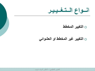 ‫ا‬
‫الــتـغــيـيـر‬ ‫نــواع‬

‫المخطط‬ ‫التغيير‬

‫العشوائي‬ ‫او‬ ‫المخطط‬ ‫غير‬ ‫التغيير‬
‫التنظيمي‬ ‫التطوير‬
–
‫غريب‬ ‫اشرف‬ ‫الدكتور‬
 