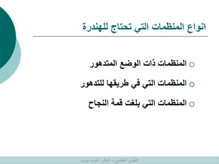 ‫للهندرة‬ ‫تحتاج‬ ‫التي‬ ‫المنظمات‬ ‫انواع‬

‫المتدهور‬ ‫الوضع‬ ‫ذات‬ ‫المنظمات‬

‫للتدهور‬ ‫طريقها‬ ‫في‬ ‫التي‬ ‫المنظمات‬

‫النجاح‬ ‫قمة‬ ‫بلغت‬ ‫التي‬ ‫المنظمات‬
‫التنظيمي‬ ‫التطوير‬
–
‫غريب‬ ‫اشرف‬ ‫الدكتور‬
 