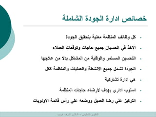 ‫الشاملة‬ ‫الجودة‬ ‫ادارة‬ ‫خصائص‬
•
‫كل‬
‫وظائف‬
‫المنظمة‬
‫معنية‬
‫بتحقيق‬
‫الجودة‬
•
‫االخذ‬
‫في‬
‫الحسبان‬
‫جميع‬
‫حاجات‬
‫وتوقعات‬
‫العمالء‬
•
‫التحسين‬
‫المستمر‬
‫والوقاية‬
‫من‬
‫المشاكل‬
‫بدال‬
‫من‬
‫عالجها‬
•
‫الجودة‬
‫تشمل‬
‫جميع‬
‫االنشطة‬
‫والعمليات‬
‫والمنظمة‬
‫ككل‬
•
‫هي‬
‫ادارة‬
‫تشاركية‬
•
‫اسلوب‬
‫اداري‬
‫يهدف‬
‫الرضاء‬
‫حاجات‬
‫المنظمة‬
•
‫التركيز‬
‫علي‬
‫رضا‬
‫العميل‬
‫ووضعه‬
‫علي‬
‫رأس‬
‫قائمة‬
‫االولويات‬
‫التنظيمي‬ ‫التطوير‬
–
‫غريب‬ ‫اشرف‬ ‫الدكتور‬
 