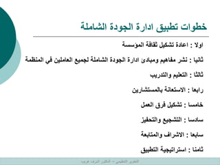 ‫الشاملة‬ ‫الجودة‬ ‫ادارة‬ ‫تطبيق‬ ‫خطوات‬
‫اوال‬
:
‫المؤسسة‬ ‫ثقافة‬ ‫تشكيل‬ ‫اعادة‬
‫ثانيا‬
:
‫الم‬ ‫في‬ ‫العاملين‬ ‫لجميع‬ ‫الشاملة‬ ‫الجودة‬ ‫ادارة‬ ‫ومبادئ‬ ‫مفاهيم‬ ‫نشر‬
‫نظمة‬
‫ثالثا‬
:
‫والتدريب‬ ‫التعليم‬
‫رابعا‬
:
‫بالمستشارين‬ ‫االستعانة‬
‫خامسا‬
:
‫العمل‬ ‫فرق‬ ‫تشكيل‬
‫سادسا‬
:
‫والتحفيز‬ ‫التشجيع‬
‫سابعا‬
:
‫والمتابعة‬ ‫االشراف‬
‫ثامنا‬
:
‫التطبيق‬ ‫استراتيجية‬
‫التنظيمي‬ ‫التطوير‬
–
‫غريب‬ ‫اشرف‬ ‫الدكتور‬
 