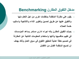 ‫المقارن‬ ‫التفوق‬ ‫مدخل‬
Benchmarking
•
‫يقوم‬
‫علي‬
‫مقارنة‬
‫المنظمة‬
‫بمنظمات‬
‫اخري‬
‫من‬
‫اجل‬
‫التعلم‬
‫منها‬
‫والتفوق‬
‫عليها‬
‫عن‬
‫طريق‬
‫تحسين‬
‫وتطوير‬
‫االداء‬
‫واالنتاجية‬
‫وا‬
‫ساليب‬
‫خدمة‬
‫العمالء‬
•
‫يعرف‬
‫التفوق‬
‫المقارن‬
‫بانه‬
‫اجراء‬
‫اداري‬
‫مستمر‬
‫يساعد‬
‫المؤسس‬
‫ات‬
‫في‬
‫تقييم‬
‫منافسيها‬
‫وذاتها‬
‫واستخدام‬
‫المعلومات‬
‫الناتجة‬
‫عن‬
‫ال‬
‫مقارنة‬
‫في‬
‫تصميم‬
‫خطة‬
‫عملية‬
‫لتحقيق‬
‫التفوق‬
‫في‬
‫سوق‬
‫العمل‬
‫وذلك‬
‫بهدف‬
‫ان‬
‫تصبح‬
‫المنظمة‬
‫افضل‬
‫من‬
‫االفضل‬
‫التنظيمي‬ ‫التطوير‬
–
‫غريب‬ ‫اشرف‬ ‫الدكتور‬
 