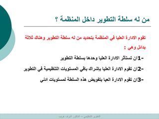 ‫؟‬ ‫المنظمة‬ ‫داخل‬ ‫التطوير‬ ‫سلطة‬ ‫له‬ ‫من‬
‫وهناك‬ ‫التطوير‬ ‫سلطة‬ ‫له‬ ‫من‬ ‫بتحديد‬ ‫المنظمة‬ ‫في‬ ‫العليا‬ ‫االدارة‬ ‫تقوم‬
‫ثالثة‬
‫وهي‬ ‫بدائل‬
:
1-
‫التطوير‬ ‫بسلطة‬ ‫وحدها‬ ‫العليا‬ ‫االدارة‬ ‫تستأثر‬ ‫ان‬
2-
‫في‬ ‫التنظيمية‬ ‫المستويات‬ ‫باقي‬ ‫بإشراك‬ ‫العليا‬ ‫االدارة‬ ‫تقوم‬ ‫ان‬
‫التطوير‬
3-
‫ادني‬ ‫لمستويات‬ ‫السلطة‬ ‫هذه‬ ‫بتفويض‬ ‫العيا‬ ‫االدارة‬ ‫تقوم‬ ‫ان‬
‫التنظيمي‬ ‫التطوير‬
–
‫غريب‬ ‫اشرف‬ ‫الدكتور‬
 