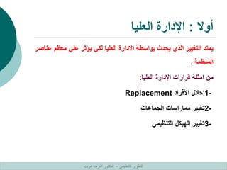 ‫أوال‬
:
‫العليا‬ ‫اإلدارة‬
‫عن‬ ‫معظم‬ ‫علي‬ ‫يؤثر‬ ‫لكي‬ ‫العليا‬ ‫االدارة‬ ‫بواسطة‬ ‫يحدث‬ ‫الذي‬ ‫التغيير‬ ‫يمتد‬
‫اصر‬
‫المنظمة‬
.
‫العليا‬ ‫اإلدارة‬ ‫قرارات‬ ‫امثلة‬ ‫من‬
:
1-
‫األفراد‬ ‫إحالل‬
Replacement
2-
‫الجماعات‬ ‫مماراسات‬ ‫تغيير‬
3-
‫التنظيمي‬ ‫الهيكل‬ ‫تغيير‬
‫التنظيمي‬ ‫التطوير‬
–
‫غريب‬ ‫اشرف‬ ‫الدكتور‬
 