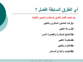 ‫؟‬ ‫افضل‬ ‫السابقة‬ ‫الطرق‬ ‫أي‬
‫التالية‬ ‫المعايير‬ ‫باستخدام‬ ‫الطرق‬ ‫افضل‬ ‫تحديد‬ ‫يتم‬
:
1-
‫بالتغيير‬ ‫المتاثرين‬ ‫العاملين‬ ‫رضا‬
2-
‫التغيير‬ ‫سرعة‬
3-
‫المدي‬ ‫والقصيرة‬ ‫المباشرة‬ ‫النتائج‬
4-
‫التغيير‬ ‫مقاومة‬
5-
‫بالتغيير‬ ‫االلتزام‬
6-
‫المستمر‬ ‫واالبداع‬ ‫التجديد‬
‫التنظيمي‬ ‫التطوير‬
–
‫غريب‬ ‫اشرف‬ ‫الدكتور‬
 
