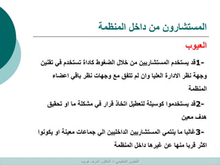 ‫المنظمة‬ ‫داخل‬ ‫من‬ ‫المستشارون‬
‫العيوب‬
1-
‫في‬ ‫تستخدم‬ ‫كاداة‬ ‫الضغوط‬ ‫خالل‬ ‫من‬ ‫المستشاريين‬ ‫يستخدم‬ ‫قد‬
‫تقنين‬
‫اعضاء‬ ‫باقي‬ ‫نظر‬ ‫وجهات‬ ‫مع‬ ‫تتفق‬ ‫لم‬ ‫وان‬ ‫العليا‬ ‫االدارة‬ ‫نظر‬ ‫وجهة‬
‫المنظمة‬
2-
‫تحق‬ ‫او‬ ‫ما‬ ‫مشكلة‬ ‫في‬ ‫قرار‬ ‫اتخاذ‬ ‫لتعطيل‬ ‫كوسيلة‬ ‫يستخدموا‬ ‫قد‬
‫يق‬
‫معين‬ ‫هدف‬
3-
‫ي‬ ‫او‬ ‫معينة‬ ‫جماعات‬ ‫الي‬ ‫الداخليين‬ ‫المستشاريين‬ ‫ينتمي‬ ‫ما‬ ‫غالبا‬
‫كونوا‬
‫المنظمة‬ ‫داخل‬ ‫غيرها‬ ‫عن‬ ‫منها‬ ‫قربا‬ ‫اكثر‬
‫التنظيمي‬ ‫التطوير‬
–
‫غريب‬ ‫اشرف‬ ‫الدكتور‬
 