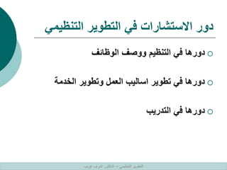 ‫التنظيمي‬ ‫التطوير‬ ‫في‬ ‫االستشارات‬ ‫دور‬

‫الوظائف‬ ‫ووصف‬ ‫التنظيم‬ ‫في‬ ‫دورها‬

‫الخدمة‬ ‫وتطوير‬ ‫العمل‬ ‫اساليب‬ ‫تطوير‬ ‫في‬ ‫دورها‬

‫التدريب‬ ‫في‬ ‫دورها‬
‫التنظيمي‬ ‫التطوير‬
–
‫غريب‬ ‫اشرف‬ ‫الدكتور‬
 