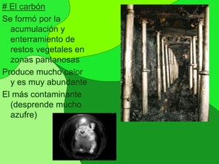 # El carbón
Se formó por la
acumulación y
enterramiento de
restos vegetales en
zonas pantanosas
Produce mucho calor
y es muy abundante
El más contaminante
(desprende mucho
azufre)
 