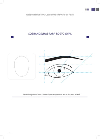 15 
Tipos de sobrancelhas, conforme o formato do rosto: 
sobrancelhas para rosto oval 
Deve ser larga no seu início e estreita a partir do ponto mais alto do arco, até o seu final. 
 