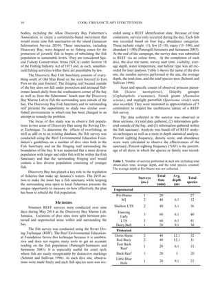 bodies, including the Alloa Discovery Bay Fishermen’s
Association, to create a community-based movement that
would create nine fish sanctuaries on the island (Jamaican
Information Service 2010). These sanctuaries, including
Discovery Bay, were deigned as no fishing zones for the
protection of juvenile fish in hopes of rebuilding the fish
population to sustainable levels. They are considered Spe-
cial Fishery Conservation Areas (SFCA) under Section 18
of the Fishing Industry Act of 1975 and, as such, unauthor-
ized fishing activities within them are punishable by law.
The Discovery Bay Fish Sanctuary consists of every-
thing south of Old Man Head on the west forereef to Fort
Port on the east forereef. The fringing reef located outside
of the bay does not fall under protection and artisanal fish-
erman launch daily from the southeastern corner of the bay
as well as from the fishermans’ beach near the Discovery
Bay Marine Lab to fish the surrounding area outside of the
bay. The Discovery Bay Fish Sanctuary and its surrounding
reef presents the opportunity to study two similar over-
fished environments in which one has been changed in an
attempt to remedy the problem.
The focus of this study was to observe fish popula-
tions in two areas of Discovery Bay using the Roving Div-
er Technique. To determine the effects of overfishing, as
well as add on to an existing database, the fish survey was
conducted using the Reef Environmental Education Foun-
dation’s guidelines on a number of dive sites both in the
Fish Sanctuary and on the fringing reef surrounding the
boundaries of the bay. It was suspected that a more diverse
population with larger and older fish will be within the Fish
Sanctuary and that the surrounding fringing reef would
contain a less diverse population consisting of younger
fish.
Discovery Bay has played a key role in the regulation
of fisheries that make up Jamaica’s waters. The 2010 ac-
tion to make the inner bay a fish sanctuary while keeping
the surrounding area open to local fishermen presents the
unique opportunity to measure on how effectively the plan
has been to rebuild the fish population.
METHODS
Nineteen REEF surveys were conducted over nine
days during May 2014 at the Discovery Bay Marine Lab,
Jamaica. Locations of dive sites were split between pro-
tected and unprotected areas within and surrounding the
bay.
The fish survey was conducted using the Rover Div-
ing Technique (RDT). The Reef Environmental Education-
al Foundation favors this technique because it is unobtru-
sive and does not require many tools to get an accurate
reading on the fish population (Pattengill-Semmens and
Semmens 2003). It is especially useful for coral reefs
where fish are easily recognizable by distinctive markings
(Schmitt and Sullivan 1996). At each dive site, observa-
tions were made freely and each fish species seen was rec-
orded using a REEF identification slate. Because of time
constraints, surveys only occurred during the day. Each fish
was recorded based on four log10 abundance categories.
These include: single (1), few (2–10), many (11–100), and
abundant (>100) (Pattengill-Semmens and Semmens 2003).
At the end of the campaign, the survey data was submitted
to REEF via an online form. At the completion of each
dive, the dive site name, survey start time, visibility, aver-
age depth, water temperature, and habitat type was all rec-
orded for later analysis. Table 1 shows the name of the dive
site, the number surveys performed at the site, the average
depth, the total time, and the total species seen (Schmitt and
Sullivan 1996).
Sizes and specific counts of observed princess parrot-
fish (Scarus taeniopterus), Graysby grouper
(Cephalopholis cruentatus), French grunts (Haemulon
sciurus), and stoplight parrotfish (Sparisoma viride) were
also recorded. They were measured in approximations of 5
centimeters to respect the unobtrusive nature of a REEF
fish survey.
The data collected in the surveys was observed in
three sections, (1) total data gathered, (2) information gath-
ered outside of the bay, and (3) information gathered within
the fish sanctuary. Analysis was based off of REEF analy-
sis techniques as well as a more in depth statistical analysis.
Percent sighting frequency, density score, and abundance
score were calculated to observe the effectiveness of the
sanctuary. Percent sighting frequency (%SF) is the percent-
age of all dives in which the species or family was record-
Surveys
(no.)
Total
time
(min)
Avg.
depth
(m)
Total
species
Unprotected
Rio Bueno 1 20 27
M1 2 40 6.1 32
Shallow LTS 2 40 6.1 36
Dancing
Lady
3 60 6.1 40
LTS 3 60 6.1 41
Dairy Bull 1 20 9.1 30
Protected
Dorm Shore 2 40 12.1 32
Red Buoy 2 40 12.1 31
East Back
Reef
1 20 6.1 33
Back Reef 1 20 3 20
Little Blue
Hole
1 20 9.1 23
Table 1. Number of surveys performed at each site including total
observation time, average depth, and the total species counted.
The average depth at Rio Bueno was not collected.
COOK: FISH SANCTUARY EFFECTIVENESS10
 