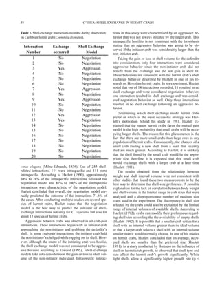 O’SHEA: SHELL EXCHANGE IN HERMIT CRABS
cinus elegans (Milne-Edwards, 1836). Out of 255 shell-
related interactions, 144 were intraspecific and 111 were
interspecific. According to Hazlett (1990), approximately
69% to 78% of the intraspecific interactions followed the
negotiation model and 87% to 100% of the interspecific
interactions were characteristic of the negotiation model.
Hazlett concluded that overall; the negotiation model cor-
rectly predicted the outcome of the interactions 71.6% of
the cases. After conducting multiple studies on several spe-
cies of hermit crabs, Hazlett states that the negotiation
model is the best way to predict the outcome of shell-
exchange interactions not only for C. clypeatus but also for
about 15 species of hermit crabs.
Aggression between crabs was observed in all crab-pair
interactions. These interactions began with an initiator crab
approaching the non-initiator and grabbing the defender’s
shell. In some crab-pair interactions, the initiator crab held
the non-initiator’s cheliped while rapping on its shell. How-
ever, although the intent of the initiating crab was hostile,
the shell exchange model was not considered to be aggres-
sive because according to Elwood (1995), shell-exchange
models take into consideration the gain or loss in shell vol-
ume of the non-initiator individual. Intraspecific interac-
Table 1. Shell-exchange interactions recorded during observation
on Caribbean hermit crab (Coenobita clypeatus).
Interaction
Number
Exchange
occurred
Shell Exchange
Model
1 No Negotiation
2 No Negotiation
3 Yes Aggression
4 No Negotiation
5 No Negotiation
6 No Negotiation
7 Yes Aggression
8 No Negotiation
9 Yes Aggression
10 No Negotiation
11 No Negotiation
12 Yes Aggression
13 Yes Negotiation
14 No Negotiation
15 No Negotiation
16 No Negotiation
17 No Negotiation
18 No Negotiation
19 No Negotiation
20 No Negotiation
tions in this study were characterized by an aggressive be-
havior that was not always initiated by the larger crab. This
intraspecific hostility is not consistent with the hypothesis
stating that an aggressive behavior was going to be ob-
served if the initiator crab was considerably larger than the
non-initiator crab.
Taking the gain or loss in shell volume for the defender
into consideration, only four interactions were considered
aggressive behavior since the non-initiator crab did not
benefit from the exchange and did not gain in shell fit.
These behaviors are consistent with the hermit crab’s shell
exchange behavior described by Hazlett in one of his re-
search on Hawaiian hermit crabs. In his experiment, Hazlett
noted that out of 14 interactions recorded, 11 resulted in no
shell exchange and were considered negotiation behavior;
one interaction resulted in shell exchange and was consid-
ered negotiation behavior as well. Only three interactions
resulted in no shell exchange following an aggressive be-
havior.
Determining which shell exchange model hermit crabs
prefer or which is the most successful strategy was Haz-
lett’s motivation behind his study in 1981. Hazlett ex-
plained that the reason hermit crabs favor the mutual gain
model is the high probability that small crabs will be occu-
pying larger shells. The reason for this phenomenon is the
fact that there are more small crabs than large ones in any
population of hermit crabs. Consequently, the chances of a
small crab finding a new shell from a snail that recently
died are much greater. According to Hazlett, it is unlikely
that the shell found by the small crab would be the appro-
priate size therefore it is expected that this small crab
would exchange shells with a larger crab at a later time
(Hazlett 1981).
The results obtained from the relationship between
weight and shell internal volume were not consistent with
other studies that found these two measurements to be the
best way to determine the shell-size preference. A possible
explanation for the lack of correlation between body weight
and shell volume is the limited range in crab sizes that were
analyzed and a disproportionate number of medium size
crabs used in the experiment. The discrepancy in shell size
selected by the crabs could also be explained by the limited
range of internal volumes of available shells. According to
Hazlett (1992), crabs can modify their preferences regard-
ing shell size according the the availability of empty shells
(Hazlett 1992). It is possible that a smaller crab settles for a
shell with an internal volume greater than its ideal volume
or that a larger crab selects a shell with an internal volume
smaller than it would normally choose. In one of his studies
on hermit crabs, Hazlett concluded that on average, occu-
pied shells are smaller than the preferred size (Hazlett
1981). In a study conducted by Bartness on the influence of
shell on hermit crab growth, he observed that shell type and
size affect the hermit crab’s growth significantly. While
light shells allow a significantly higher growth rate (p <
58
 