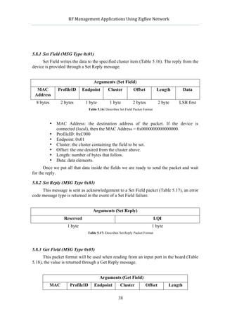               RF	
  Management	
  Applications	
  Using	
  ZigBee	
  Network	
  

                                                          	
  




5.8.1 Set Field (MSG Type 0x01)
     Set Field writes the data to the specified cluster item (Table 5.16). The reply from the
device is provided through a Set Reply message.


                                       Arguments (Set Field)
  MAC            ProfileID     Endpoint          Cluster           Offset            Length        Data
 Address
  8 bytes          2 bytes        1 byte          1 byte           2 bytes           2 byte   LSB first
                                    Table 5.16: Describes Set Field Packet Format



             •   MAC Address: the destination address of the packet. If the device is
                 connected (local), then the MAC Address = 0x0000000000000000.
             •   ProfileID: 0xC000
             •   Endpoint: 0x01
             •   Cluster: the cluster containing the field to be set.
             •   Offset: the one desired from the cluster above.
             •   Length: number of bytes that follow.
             •   Data: data elements.
      Once we put all that data inside the fields we are ready to send the packet and wait
for the reply.

5.8.2 Set Reply (MSG Type 0x81)
     This message is sent as acknowledgement to a Set Field packet (Table 5.17), an error
code message type is returned in the event of a Set Field failure.


                                       Arguments (Set Reply)
                    Reserved                                                        LQI
                      1 byte                                                    1 byte
                                   Table 5.17: Describes Set Reply Packet Format




5.8.3 Get Field (MSG Type 0x05)
      This packet format will be used when reading from an input port in the board (Table
5.18), the value is returned through a Get Reply message.


                                           Arguments (Get Field)
             MAC        ProfileID      Endpoint           Cluster           Offset        Length

                                                        38
 
