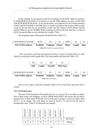                RF	
  Management	
  Applications	
  Using	
  ZigBee	
  Network	
  

                                                                                       	
  


      In this example we are going to reset the Coordinator so the MAC address is going to
be 00:00:00:00:01:66:30:00, if we choose to use the NWK address we must set this field
with 00 00 00 00 00 00 00 80. As we found earlier, our Endpoint for all Cirronet products
is 0x01 and the ProfileID is 0xC000. Now we need to go back to the clusters tables to take
a look to the one that fits our necessities, in this case the Cluster is 0x03 (Reset Cluster)
and the Offset we need is 0x0000. When resetting any device the data must have a value of
0x5A, having the Data we can calculate the Length, 1 byte.
      The Arguments part of the packet should look like Table 5.32.


00 00 00 00 01 66 30 00                         00 C0                        01                            03           00 00          01     5A
 MAC/NWK Address                            ProfileID                     Endpoint                       Cluster        Offset       Length   Data
                                                   Table 5.32: Describes Arguments Packet



      Now we need to count the total amount of bytes, we have 18 bytes (0x12) in total,
which we would put in the Length field. The entire packet will look like Table 5.33.


                                   FD                12                        00                                  01
                                   SOP          Length                     TransID                        MSG Type


00 00 00 00 01 66 30 00                         00 C0                        01                            03           00 00          01     5A
 MAC/NWK Address                            ProfileID                     Endpoint                       Cluster        Offset       Length   Data
                                                            Table 5.33: Final Packet



       Now we are ready to send this message (Table 5.33) to the device and wait until it
restarts.

5.9.2 GI I/O Direction
      This part of the document will explain how do we set any I/O as an input or output.
This is done using a bit mapping; we have GPIO0 until GPIO5, this means our bit map is
going to have at least 6 bits. When bit is set to 0 the port is going to work as an input, when
set to 1 as an output. The only thing we need to know is to convert the bit map to
hexadecimal value. Table 5.34 represents an example.
             Reserved

                        Reserved

                                     GP I/O 5

                                                 GP I/O 4

                                                               GP I/O 3

                                                                            GP I/O 2

                                                                                              GP I/O 1

                                                                                                            GP I/O 0




                 7          6            5           4             3            2                 1             0        Bit Field
                 0          0            1           0             1            0                 1             1         Binary

                                                                                45
 