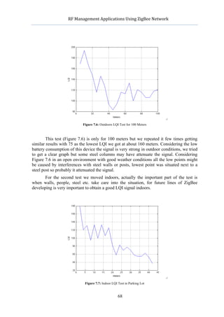             RF	
  Management	
  Applications	
  Using	
  ZigBee	
  Network	
  

                                                       	
  




                             Figure 7.6: Outdoors LQI Test for 100 Meters



        This test (Figure 7.6) is only for 100 meters but we repeated it few times getting
similar results with 75 as the lowest LQI we got at about 160 meters. Considering the low
battery consumption of this device the signal is very strong in outdoor conditions, we tried
to get a clear graph but some steel columns may have attenuate the signal. Considering
Figure 7.6 in an open environment with good weather conditions all the low points might
be caused by interferences with steel walls or posts, lowest point was situated next to a
steel post so probably it attenuated the signal.
       For the second test we moved indoors, actually the important part of the test is
when walls, people, steel etc. take care into the situation, for future lines of ZigBee
developing is very important to obtain a good LQI signal indoors.




                               Figure 7.7: Indoor LQI Test in Parking Lot


                                                      68
 