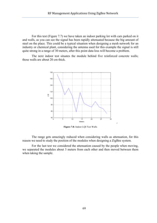            RF	
  Management	
  Applications	
  Using	
  ZigBee	
  Network	
  

                                                      	
  




        For this test (Figure 7.7) we have taken an indoor parking lot with cars parked on it
and walls, as you can see the signal has been rapidly attenuated because the big amount of
steel on the place. This could be a typical situation when designing a mesh network for an
industry or chemical plant, considering the antenna used for this example the signal is still
quite strong in a range of 30 meters, after this point data loss will become a problem.
       The next indoor test situates the module behind five reinforced concrete walls;
those walls are about 20 cm thick.




                                  Figure 7.8: Indoor LQI Test Walls



       The range gets amazingly reduced when considering walls as attenuation, for this
reason we need to study the position of the modules when designing a ZigBee system.
       For the last test we considered the attenuation caused by the people when moving,
we separated the modules about 3 meters from each other and then moved between them
when taking the sample.




                                                    69
 