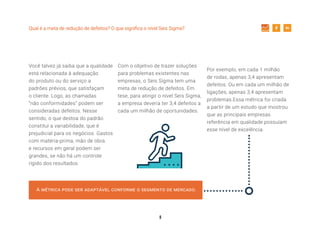 8
Qual é a meta de redução de defeitos? O que significa o nível Seis Sigma?
Você talvez já saiba que a qualidade
está relacionada à adequação
do produto ou do serviço a
padrões prévios, que satisfaçam
o cliente. Logo, as chamadas
“não conformidades” podem ser
consideradas defeitos. Nesse
sentido, o que destoa do padrão
constitui a variabilidade, que é
prejudicial para os negócios. Gastos
com matéria-prima, mão de obra
e recursos em geral podem ser
grandes, se não há um controle
rígido dos resultados.
Com o objetivo de trazer soluções
para problemas existentes nas
empresas, o Seis Sigma tem uma
meta de redução de defeitos. Em
tese, para atingir o nível Seis Sigma,
a empresa deveria ter 3,4 defeitos a
cada um milhão de oportunidades.
A métrica pode ser adaptável conforme o segmento de mercado.
Por exemplo, em cada 1 milhão
de rodas, apenas 3,4 apresentam
defeitos. Ou em cada um milhão de
ligações, apenas 3,4 apresentam
problemas.Essa métrica foi criada
a partir de um estudo que mostrou
que as principais empresas
referência em qualidade possuíam
esse nível de excelência.
 