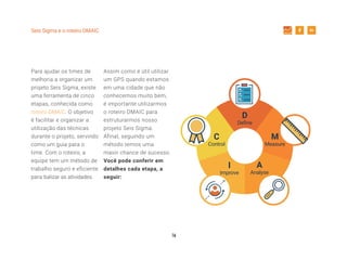 16
Seis Sigma e o roteiro DMAIC
Para ajudar os times de
melhoria a organizar um
projeto Seis Sigma, existe
uma ferramenta de cinco
etapas, conhecida como
roteiro DMAIC. O objetivo
é facilitar e organizar a
utilização das técnicas
durante o projeto, servindo
como um guia para o
time. Com o roteiro, a
equipe tem um método de
trabalho seguro e eficiente
para balizar as atividades.
Assim como é útil utilizar
um GPS quando estamos
em uma cidade que não
conhecemos muito bem,
é importante utilizarmos
o roteiro DMAIC para
estruturarmos nosso
projeto Seis Sigma.
Afinal, seguindo um
método temos uma
maior chance de sucesso.
Você pode conferir em
detalhes cada etapa, a
seguir:
D
Define
M
Measure
A
Analyse
I
Improve
C
Control
 