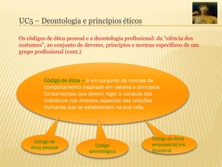Os códigos de ética pessoal e a deontologia profissional: da “ciência dos
costumes”, ao conjunto de deveres, princípios e normas específicos de um
grupo profissional (cont.)
Código de ética – é um conjunto de normas de
comportamento inspirado em valores e princípios
fundamentais que devem reger a conduta dos
indivíduos nos diversos aspectos das relações
humanas que se estabelecem na sua vida.
Código de
ética pessoal Código
deontológico
Código de ética
empresarial/ins
titucional
 