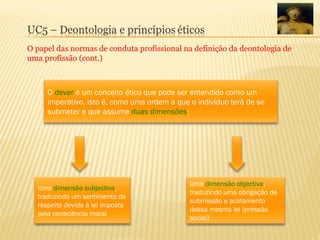 O papel das normas de conduta profissional na definição da deontologia de
uma profissão (cont.)
O dever é um conceito ético que pode ser entendido como um
imperativo, isto é, como uma ordem a que o indivíduo terá de se
submeter e que assume duas dimensões:
Uma dimensão subjectiva,
traduzindo um sentimento de
respeito devido à lei imposta
pela consciência moral
Uma dimensão objectiva,
traduzindo uma obrigação de
submissão e acatamento
dessa mesma lei (pressão
social)
 